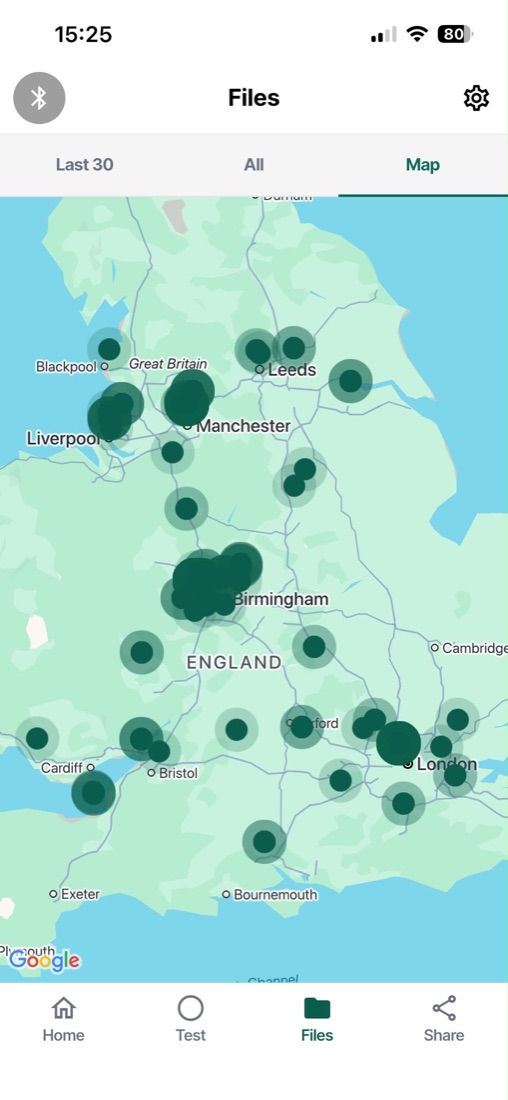 A map of a firm's tests across England