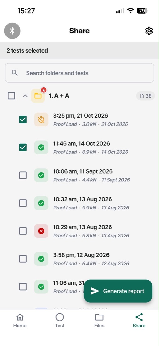 Tests chosen for a report in the app